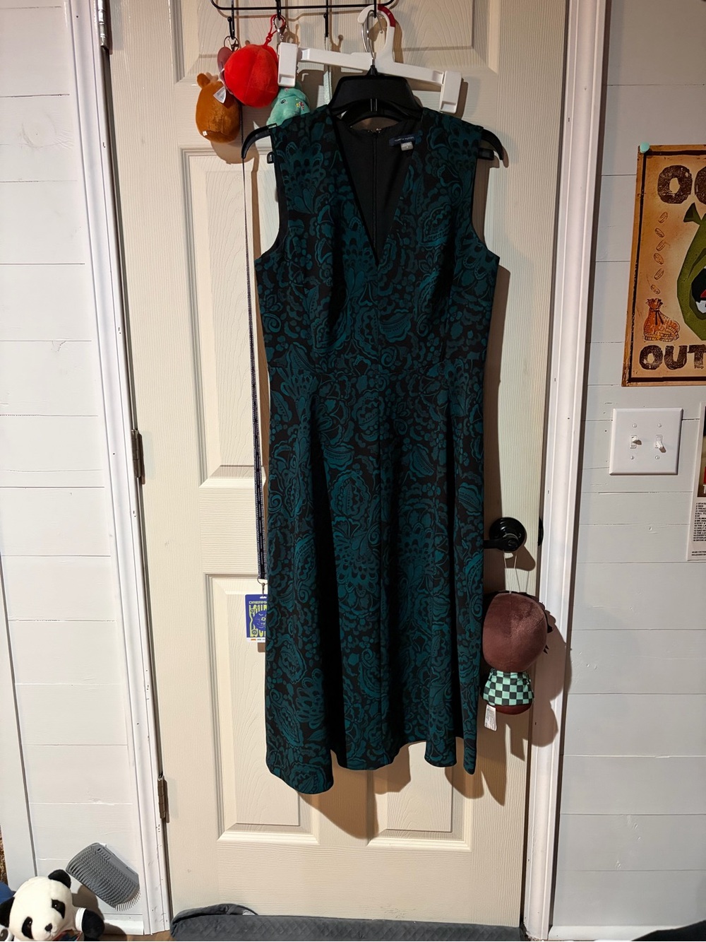 Tommy Hilfiger Teal and Black V-Neck Floral A-Line Dress